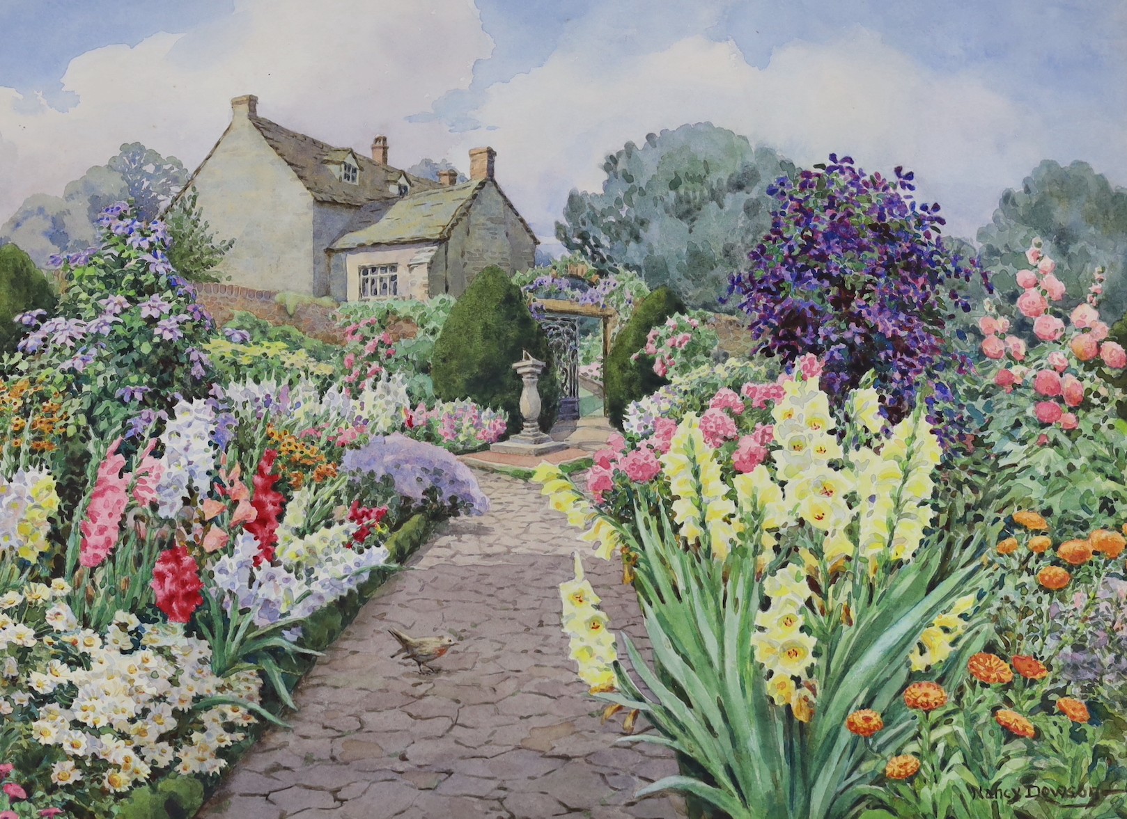 Nancy Dowson, British School, two watercolours, country gardens, signed, unframed, 30 x 40cm